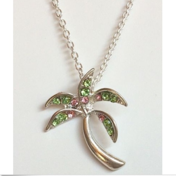 Vintage Silver Coconut Palm Tree Necklace 18" Crystal Island Plated Pendant - Picture 4 of 9